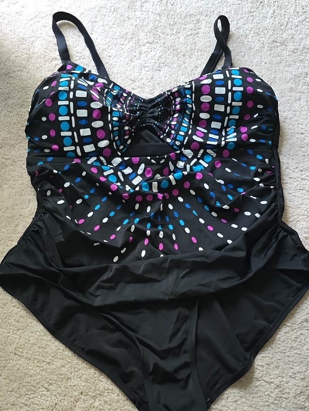 Ava & Viv Black One-Piece Swimsuit with Blue, Purple & White Dot Pattern Size 24